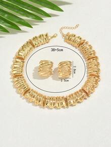 3pcs Vintage Metallic Crinkle Texture Gold Jewelry Set, Including Earrings And Necklace, Fashionable And Elegant - Gold - View 4