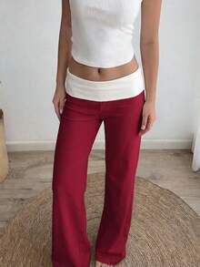 Y2K Style High Waist White Pleated Contrast Panel Straight Leg Pants, Suitable For School, Streetwear, Work, Casual And Home Wear Spring - Burgundy - View 6
