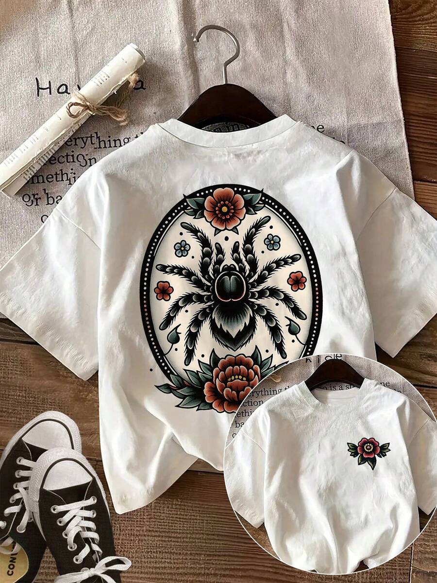 New Summer Short-Sleeve,Women's Semi-Sheer Spider Web & Floral Print T-Shirt Basic Top Suitable For Spring Summer Fall Layering, Casual Attire, Machine Washable Semi-Sheer Shirt - 白色 - 查看 1