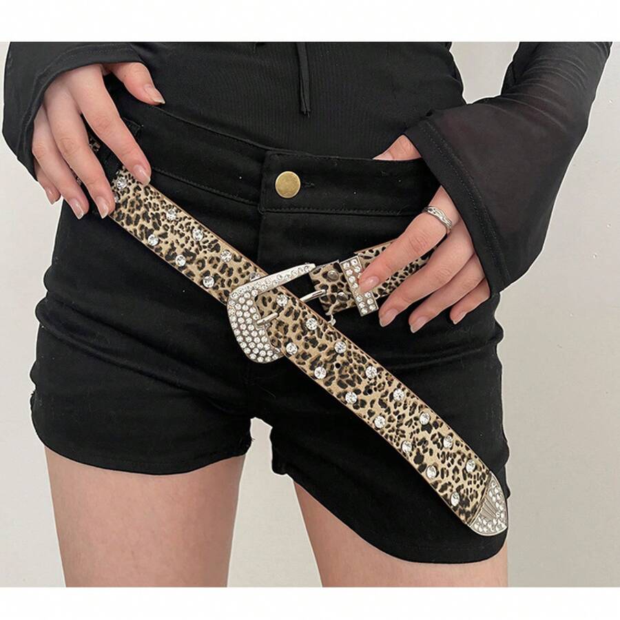 Women's Rhinestone Belt, Fashionable Wide Leather Belt With Pin Buckle, Full Rhinestone Inlay, Leopard Print - 豹紋 - 查看 1