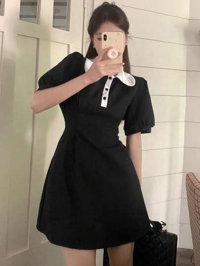 撞色彼得潘领收腰短袖连衣裙，夏季优雅