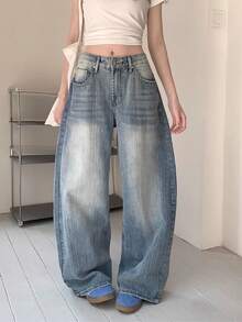 Women's Wide-Leg Denim Pants, New Arrival, High Waist, Draped Silhouette, Curved Fit, Denim, Spring Clothing, Trousers. - Retro Blue - View 2