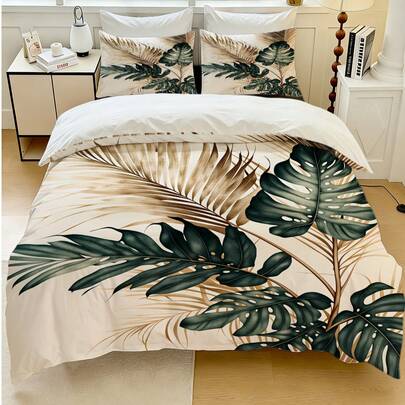 3pcs Tropical Palm Monstera Leaf Print Duvet Cover Set (1*Duvet Cover + 2*Pillowcase, Without Core), Boho Botanical Duvet Cover With Pillowcases, Soft Microfiber Comforter Cover, Soft & Skin-Friendly, Soothing Visual Fatigue,Suitable For All Seasons, Zipper Closure, Suitable For Hotel, Bedroom, Guest Room And Dormitory Decoration Bedding, And Easy Care,Chic, Lightweight, Breathable, And Easy Care,Fashion Modern Simple
