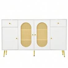 Commode, buffet ; avec 2 tiroirs et 4 portes ; étagères réglables, convient pour le salon et la cuisine ; tons blancs et naturels, dimensions : L 140 x P 35 x H 82 cm - Blanc - Voir 6