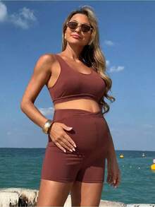 Bộ bikini màu trơn dành cho bà bầu, thích hợp cho kỳ nghỉ biển. - màu nâu - Xem 3