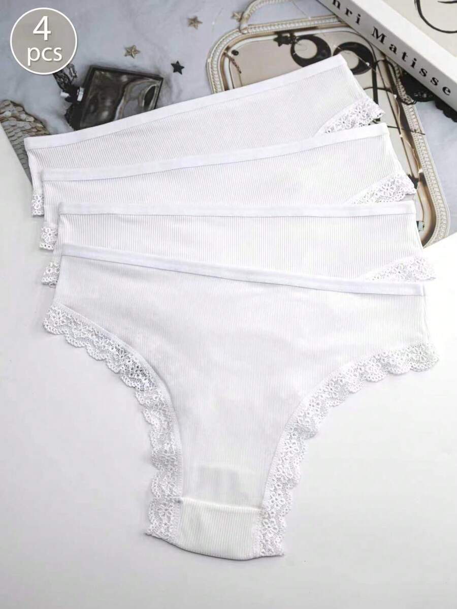 4pcs Women's Lace Trim Soft Ribbed Cotton Panties - White - View 1