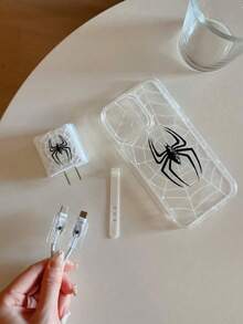 4pcs Transparent TPU Spider Graphic Charger Cable Protector Case + Matching Phone Case Compatible With 20W Fast Charger/17/17pro/17promax/17AIR - Black and White - View 3