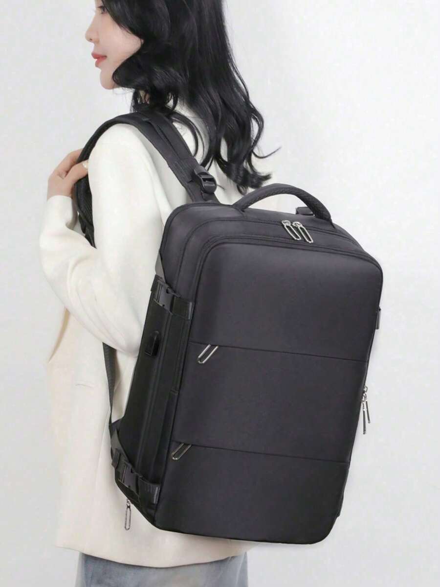 1 Piece Of Large-Capacity Backpack With Shoe Compartment, Casual Backpack With Charging Port, Portable Laptop Backpack For Hiking, Trekking, Outdoor Activities, Sports, Ideal For Students And Vacations. - 黑色 - 查看 1