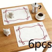 1/2/6 piezas Manteles individuales cuadrados con bordado de lazo rojo estilo minimalista Ins, adecuados para cafetería, fiesta, comedor, resistentes al calor - Multicolor - Ver 10