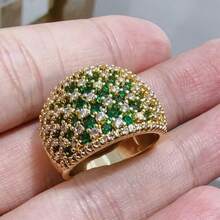 Luxurious Vintage Golden Color Copper Wide-Faced Ring, Green Synthetic Zirconia Inlaid Ring, Elegant And Timeless Ring For Women - Gold - View 4