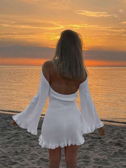 Women's Minimalist Sexy Sheer Lightweight Beach Vacation Ruffle Trim Flare Sleeve Backless Solid Color Bodycon Cover-Up Mini Dress, Spring/Summer White