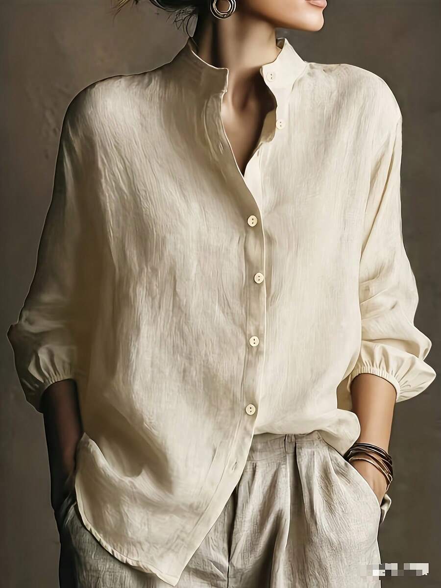 1pc Elegant Solid Color Polyester Women's Shirt, Suitable For Daily Wear, Home, Holidays, Spring/Summer - Apricot - View 1