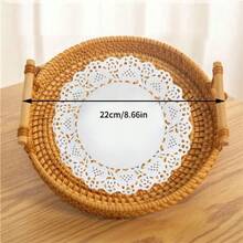 Cesta de almacenamiento con asa y correa de ratán, bandeja redonda para pan, aperitivos y frutas, cesta de almacenamiento tejida para Picnic - L - Ver 8