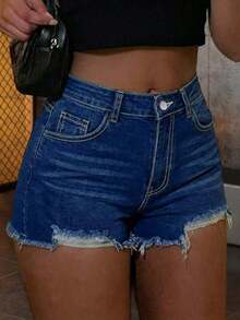 Shorts vaqueros de mujer con estilo callejero, lavados, con dobladillo deshilachado, elásticos y ajustados, para uso casual diario con bolsillos, adecuados para primavera/verano, de vuelta al colegio - Azul medio - Ver 2