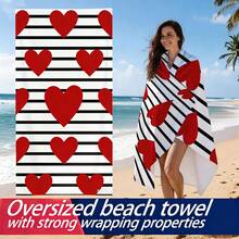 1pc Heart Striped Printed Ultra-Soft Microfiber Beach Towel, Available In Multiple Sizes Beach Blanket, Lightweight, Suitable For Swimming, Camping, Sports, Beach Or Gym - Heart Stripes - View 1