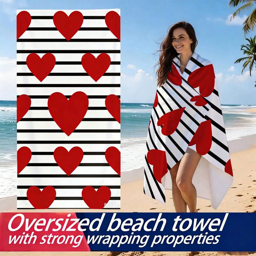 1pc Heart Striped Printed Ultra-Soft Microfiber Beach Towel, Available In Multiple Sizes Beach Blanket, Lightweight, Suitable For Swimming, Camping, Sports, Beach Or Gym - Heart Stripes - View 1