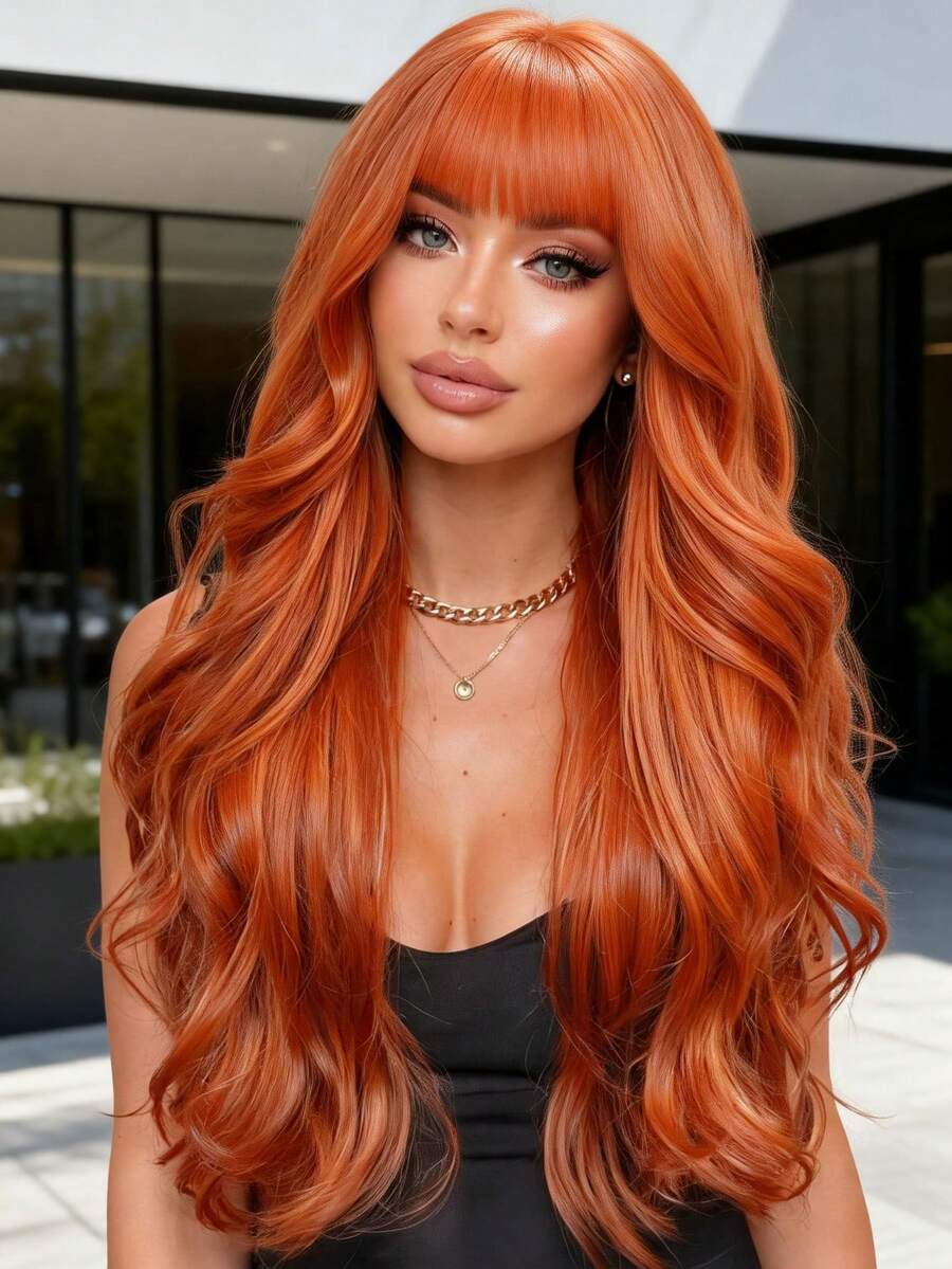 24 Inch Vibrant Orange Long Wavy Wig With Bangs | Y2K Dopamine Inspired Synthetic Wig For Women
