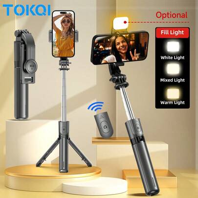 TOKQI Palo de selfie portátil y ligero con trípode extensible, control remoto inalámbrico, soporte desmontable para teléfono y luz de relleno opcional, adecuado para selfies grupales, transmisión en vivo, grabación de video, compatible con dispositivos iOS y Android.