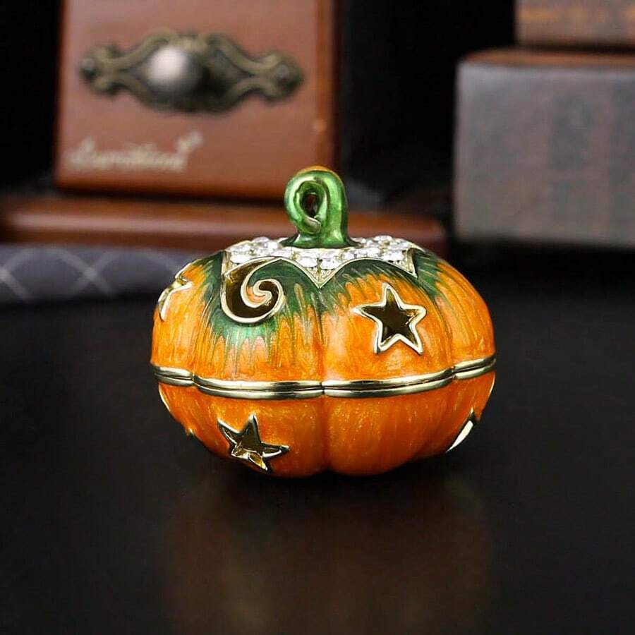 Cute Little Pumpkin Ring Earrings Storage Box - High-End And Exquisite Diamond-Studded Hollow Pumpkin Jewelry Box - Small Tabletop Decorative Piece - Pumpkin - View 1