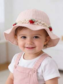 1pc Toddler Girls' Strawberry Lace Sun Hat, Wide Brim Bucket Hat For Spring/Summer UV Protection, Cute Children Beach/Outdoor Daily Wear - 1PC - View 9