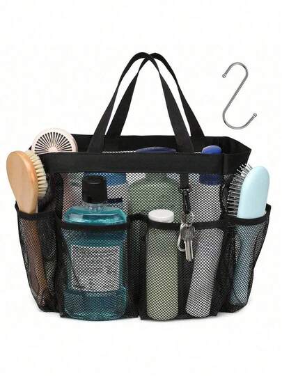Shower Caddy Portable - Black Mesh Shower Caddy Bag Basket Tote For College Dorm Room Essentials Bathroom Gym Camp Quick Dry Shower Bags For Women Men With S Hook Travel Essentials Vacation Summer Holiday Back To School School Stuff Bag For School Wash Bag Travel Waterproof Toiletry Bag