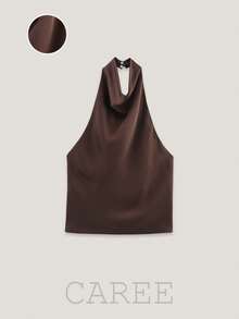 Vintage Satin Backless Camisole, Women's Sexy Fitted Sleeveless Top For Summer - Coffee Brown - View 1