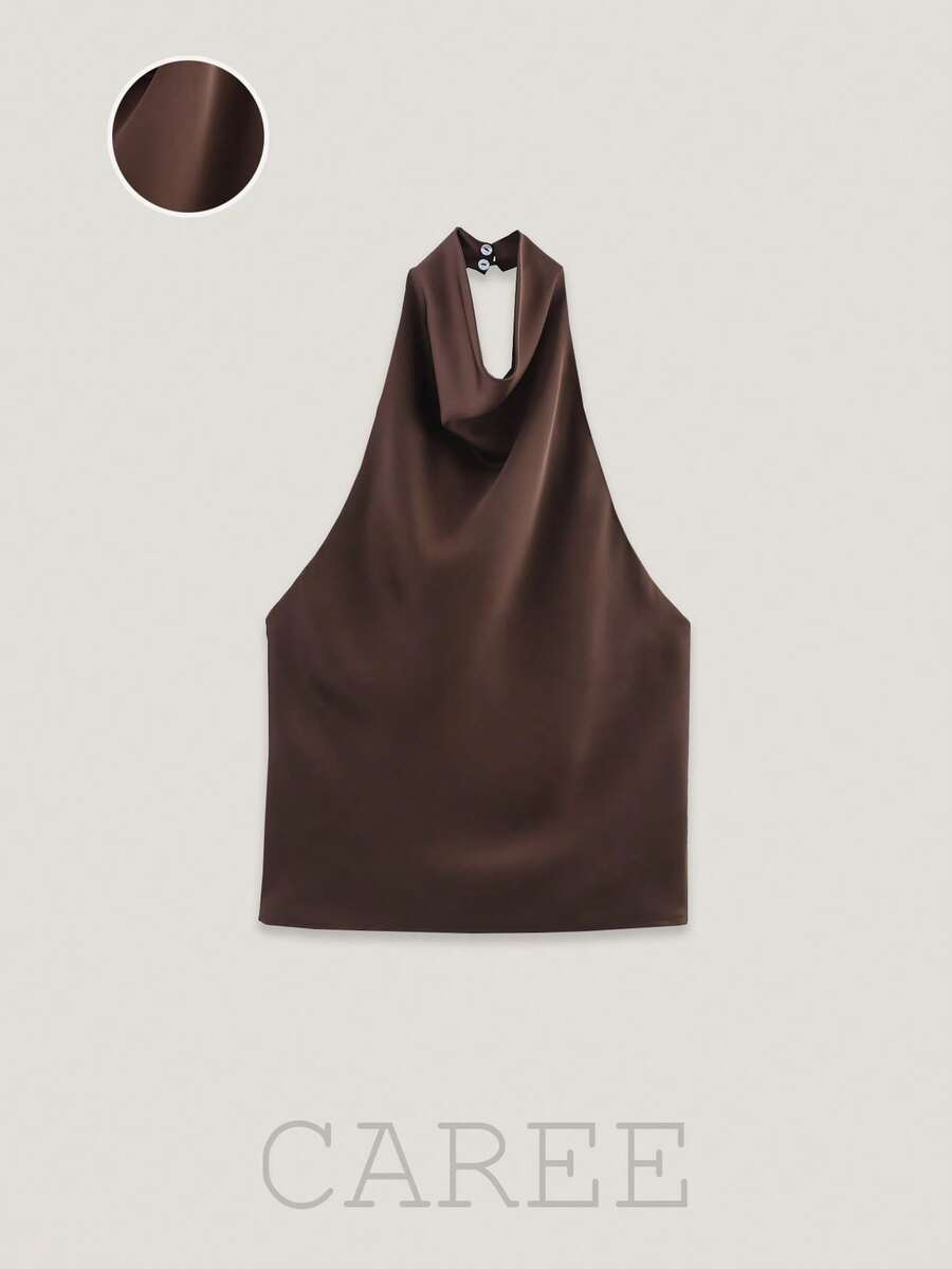 Vintage Satin Backless Camisole, Women's Sexy Fitted Sleeveless Top For Summer - Coffee Brown - View 1