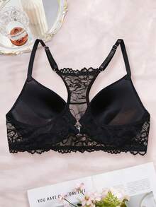 1 chiếc áo ngực không gọng màu đen, cài trước, phối ren, họa tiết hoa, kiểu dáng gợi cảm dành cho nữ. - màu đen - Xem 9