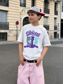 Short-Sleeved T-Shirt With Round Neck And Casual Graphic Print For Children And Teenagers, Summer Top - 黃色 - 查看 2