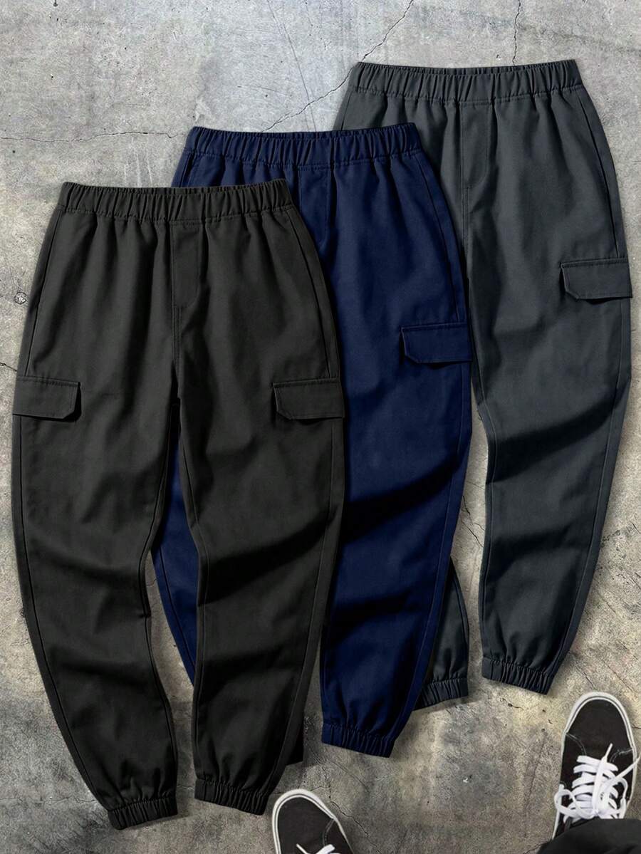 Bộ 3 quần jogger thể thao ngoài trời dáng rộng có túi giả dành cho nam thiếu niên, giá cả phải chăng. - Màu xanh hải quân - Xem 1