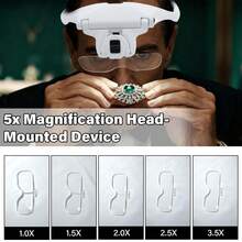 مكبر رأس LED مع 5 عدسات قابلة للفصل - 1X، 1.5X، 2X، 2.5X، 3.5X - نظارات متعددة الوظائف مثبتة على الرأس للمجوهرات وإصلاح الساعات والقراءة والتطريز - ارتداء مريح، مادة بلاستيكية - A - مشاهدة 2