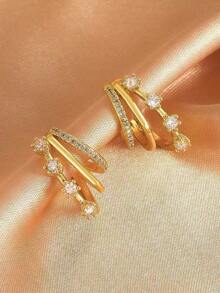 Cubic Zirconia Decor Stud Earrings - 黃金2 - 查看 7