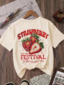 1pc  Summer Fruit T-Shirt, Strawberry T-Shirt, "Good Times" Slogan Print Women T-Shirt, Strawberry Pattern Women T-Shirt Summer Tops Summer Clothes Shirts Spring Outfits For Women Summer Graphic Tees Women T Shirts - 杏色 - 查看 4