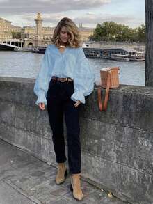 Women's Solid Color Loose Casual Turndown Collar Lantern Sleeve Shirt Spring - Baby Blue - View 4