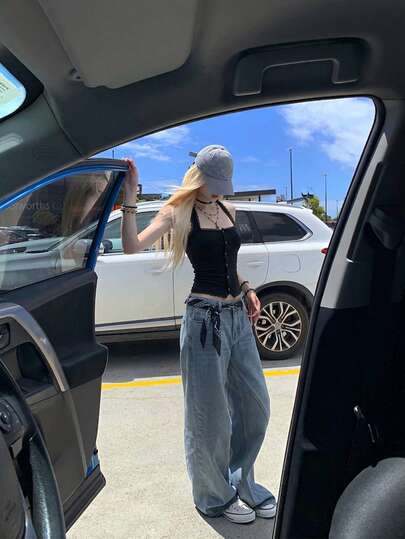 Y2K夏季新款蕾丝拼接露背吊带背心，带胸垫，可内搭或外穿