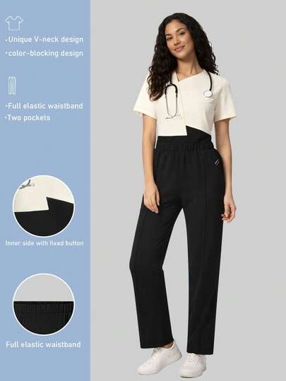 cimmuovere Đồng phục y tá cổ xéo phối màu dành cho nữ, thích hợp cho nha sĩ, nhân viên y tế, bệnh viện thú cưng, phòng thí nghiệm.