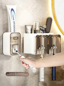 1 pieza Dispensador automático de pasta de dientes con soporte para cepillo de dientes, estante de almacenamiento de cepillo de dientes montado en la pared con vaso enjuagador, organizador de baño ahorra espacio para cepillo de dientes y vaso, decoración de baño para el hogar - Blanco - Ver 4