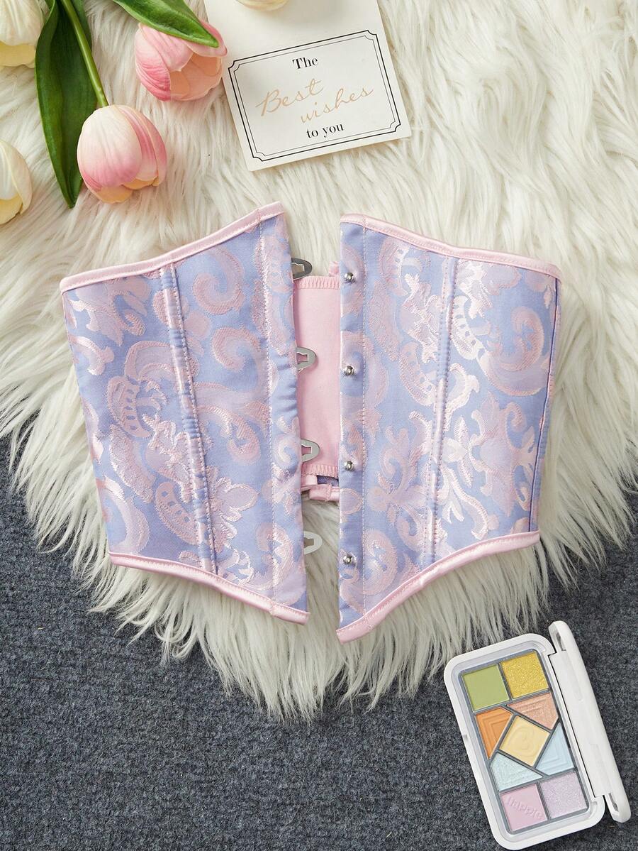 Sweet Pink & Blue Jacquard Waist Belt, Overlay Design With Back Tie, Slip-Resistant Metal Buckle, Versatile Slimming Waist Accessory, Corset