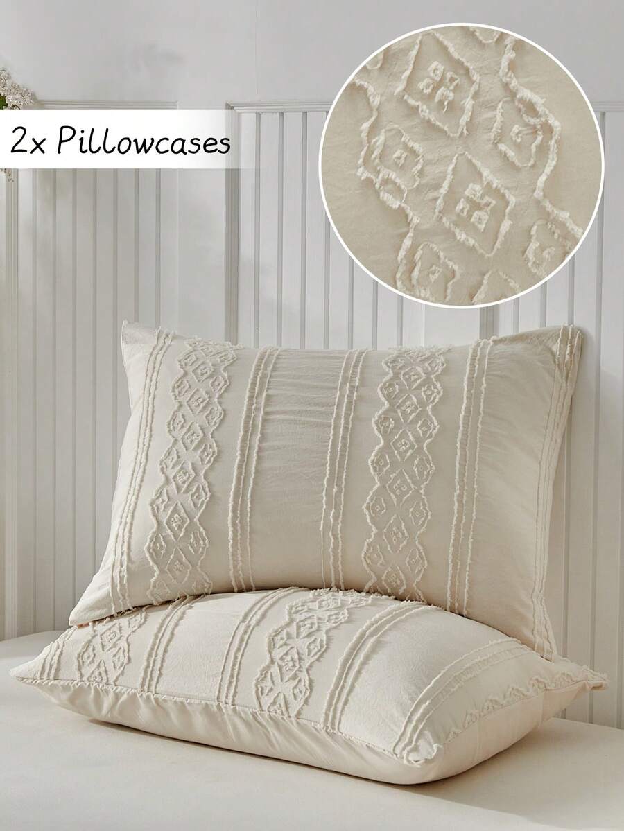 2pcs Boho Style Khaki Cutout Tufted Pillowcases, Vintage Farmhouse Polyester Decorative Throw Pillow Covers, Suitable For All Seasons, Machine Washable, Inserts Not Included - Khaki - View 1