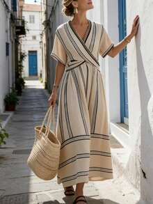 Vestido feminino novo estilo boémio às riscas elegante de verão - Caqui - Ver 4