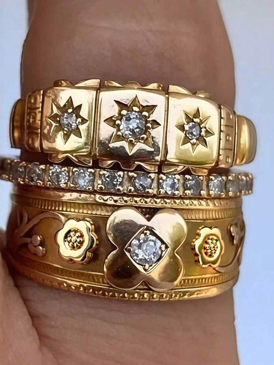 3件套优雅立方氧化锆四叶草和星芒戒指套装，可叠戴戒指，适合女士日常、约会、派对佩戴 - 金黃色 - 查看 1