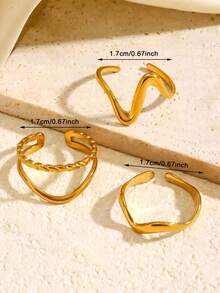Bộ 3 chiếc nhẫn thép không gỉ mạ vàng 18K hình học bất đối xứng, nhẫn thời trang thanh lịch dành cho nữ, phù hợp đeo hàng ngày, dự tiệc, ngày lễ, hẹn hò, quà tặng trang sức tối giản. - Nhiều màu - Xem 5