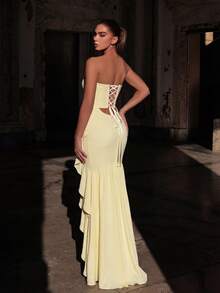 Faeriesty Đầm dạ hội dáng đuôi cá thanh lịch dành cho nữ, có dây thắt eo, chân váy xếp ly và thiết kế buộc dây phía sau, phù hợp cho các bữa tối trang trọng, dạ hội, lễ tốt nghiệp, tiệc sinh nhật, sự kiện thảm đỏ và đám cưới. - Màu vàng - Xem 2