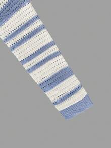 Top corto ajustado con hombros descubiertos, cuello halter con lazo, rayas de contraste y diseño calado + Falda larga ajustada con cintura elástica, conjunto de falda de punto, adecuado para la playa y atuendos de vacaciones para mujeres - Neblina azul - Ver 7