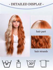 22-Inch Ginger To Golden Yellow Gradient Long Wavy Wig With Bangs | Y2K Dopamine Style Synthetic Hair - Burnt Orange - View 7