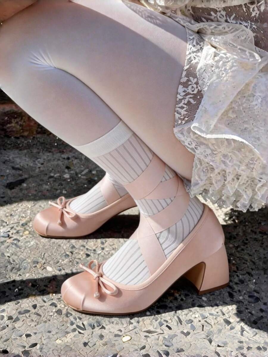 Elegant Cute Womens Ballet High Heels Round Toe Bow Decors Lace Up Block Heel Ballerina Dancing Shoes Party Dressy Occasions Heeled Shoes - 杏色 - 查看 1