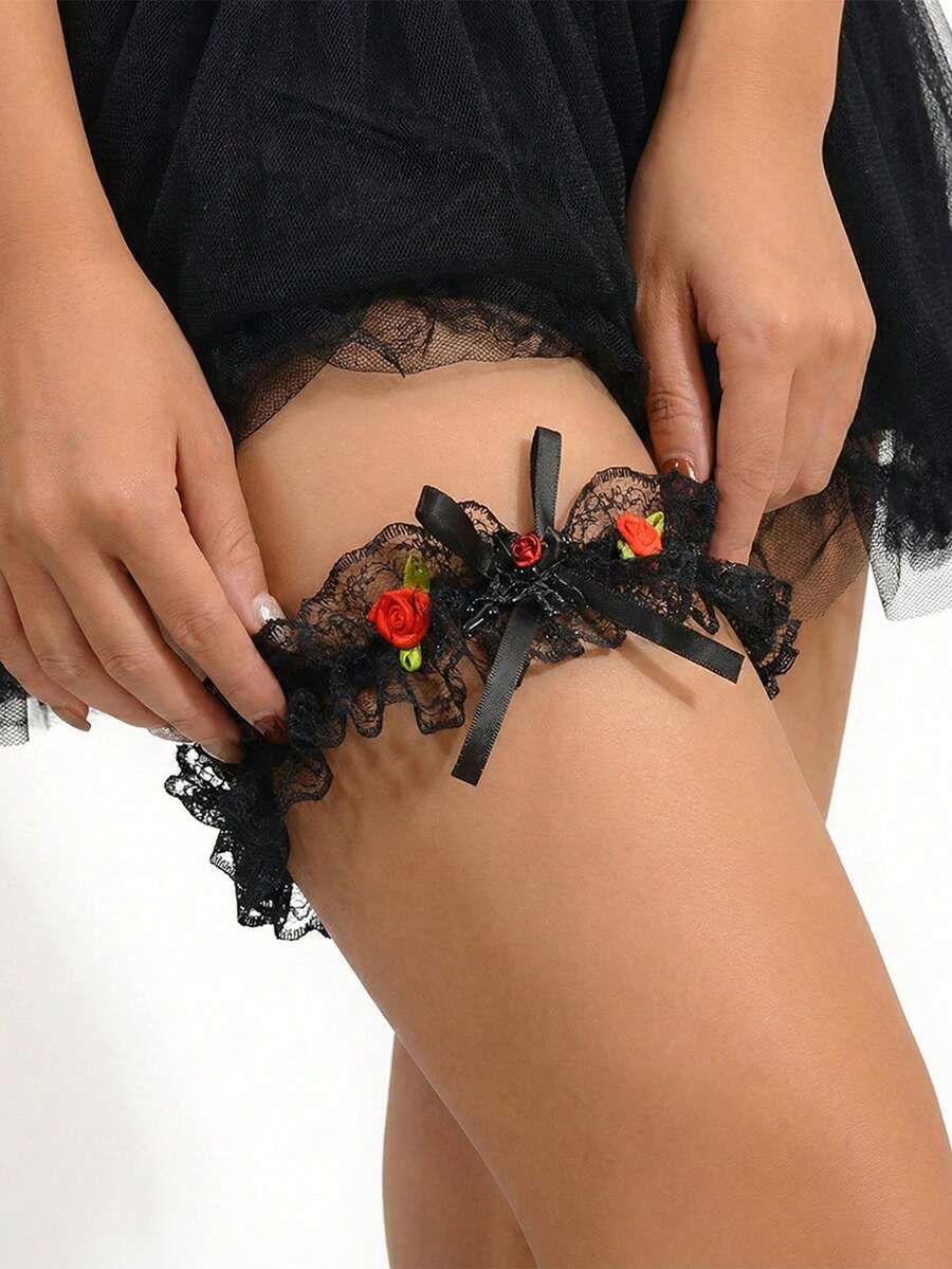 Dây nịt ren Gothic kiểu Âu và Mỹ với hoa hồng đỏ, nơ xinh xắn, dây đeo đùi gợi cảm, phụ kiện váy cưới cô dâu. - màu đen - Xem 1
