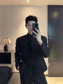 Men's Stand-Collar Blazer: Premium Casual Style - New Chinese-Inspired, Short-Length Jacket For Spring & Autumn (Chanel-Inspired Aesthetic) - màu đen - Xem 2