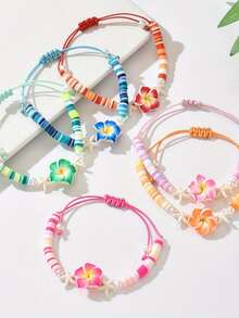 3pcs Bohemian Summer Vacation Style Soft Clay Flower Shell Braided Bracelet - Fresh Multicolor Soft Clay Flower Adjustable 2-In-1 Bracelet And Anklet, Decorated With Imitation Pearls, Suitable For Occasions Like Valentine's Day, Mother's Day, Beach Vacation, Flower Shell Bracelet, Daily Gift - Multicolor - View 7