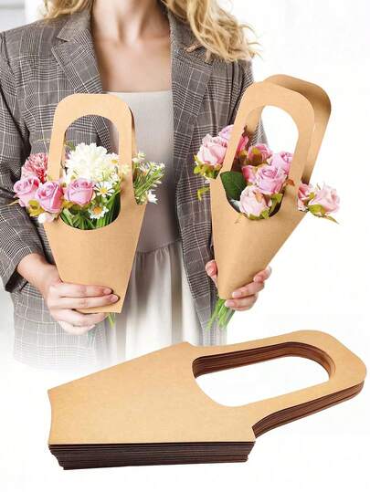 2/4个装牛皮纸花卉礼品袋，带提手，花卉手提袋，适用于礼品包装、节日、婚礼、生日、派对